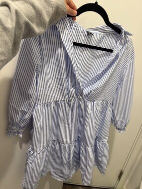 SHEIN Blue and White Striped V-Neck Tiered Dress